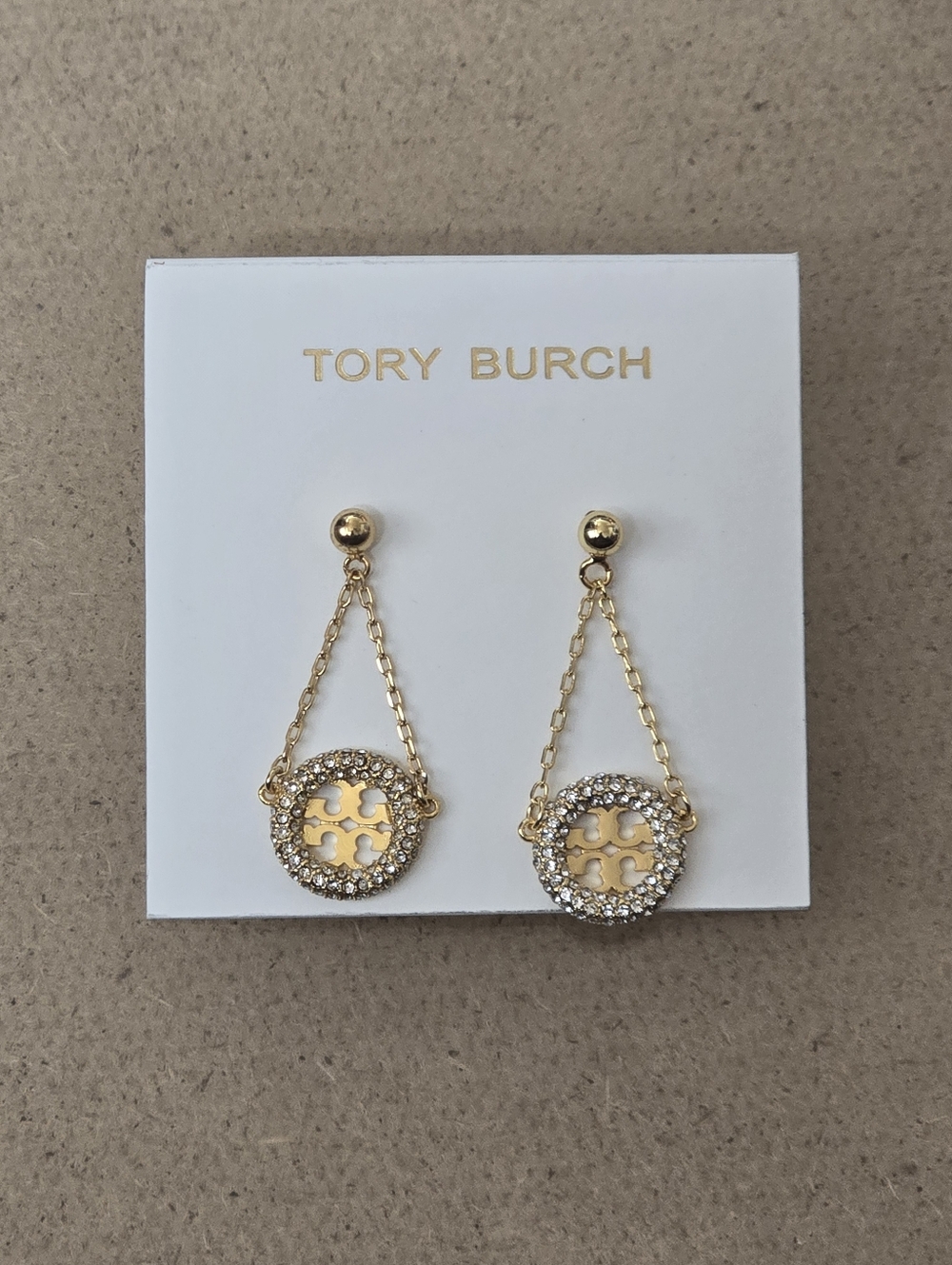 Tory Burch Gold Crystal-Embellished Logo Drop Earrings